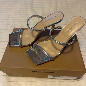 Glamorous two strap mule heeled sandals in silver